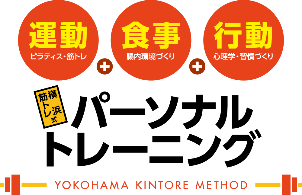 横浜筋トレ式パーソナルトレーニング　「運動＝ピラティス・筋トレ」「食事＝腸内環境づくり」「行動＝心理学・習慣づくり」