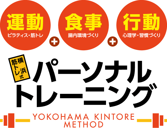 横浜筋トレ式パーソナルトレーニング　「運動＝ピラティス・筋トレ」「食事＝腸内環境づくり」「行動＝心理学・習慣づくり」